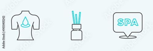 Set line Spa salon, Massage with aroma oils and Aroma diffuser icon. Vector