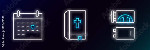 Set line Crematorium, Calendar death and Holy bible book icon. Glowing neon. Vector
