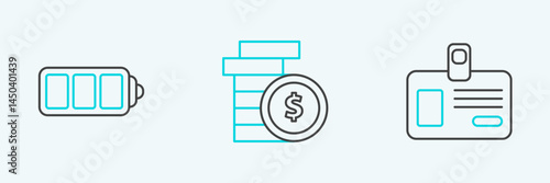 Set line Identification badge, Battery charge level indicator and Coin money with dollar symbol icon. Vector
