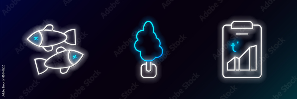 Set line Global warming, Dead fish and Tree icon. Glowing neon. Vector Set line Global warming, Dead fish and Tree icon. Glowing neon. Vector