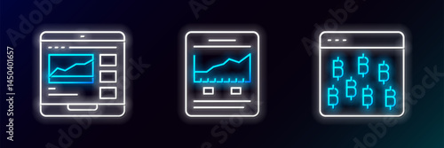 Set line Bitcoin in browser, Trading courses and Website with growth graph icon. Glowing neon. Vector
