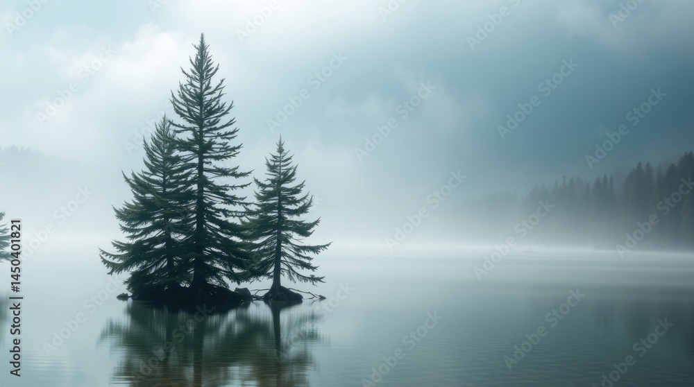Fototapeta premium Misty lake with two evergreen trees on a small island, reflected in still water