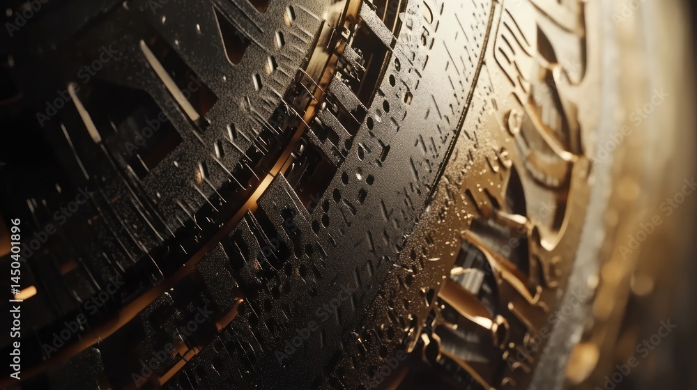 Fototapeta premium Intricate Golden and Black Metallic Sphere: A Close-Up View of Complex Geometric Patterns and Textures