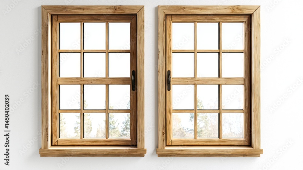 Pair of large wooden windows with simple trim and a light wood finish on white background. Pair of large wooden windows with simple trim and a light wood finish on white background.