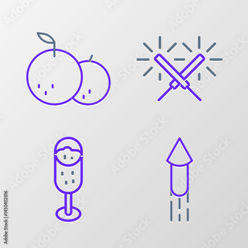 Set line Firework rocket, Glass of champagne, Sparkler firework and Tangerine icon. Vector