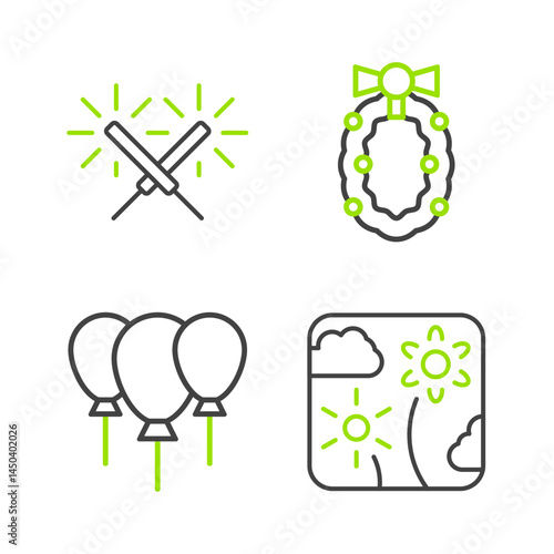 Set line Firework rocket, Balloons with ribbon, Christmas wreath and Sparkler firework icon. Vector