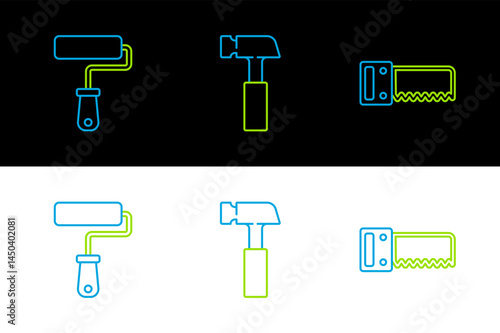 Set line Hand saw, Paint roller brush and Hammer icon. Vector