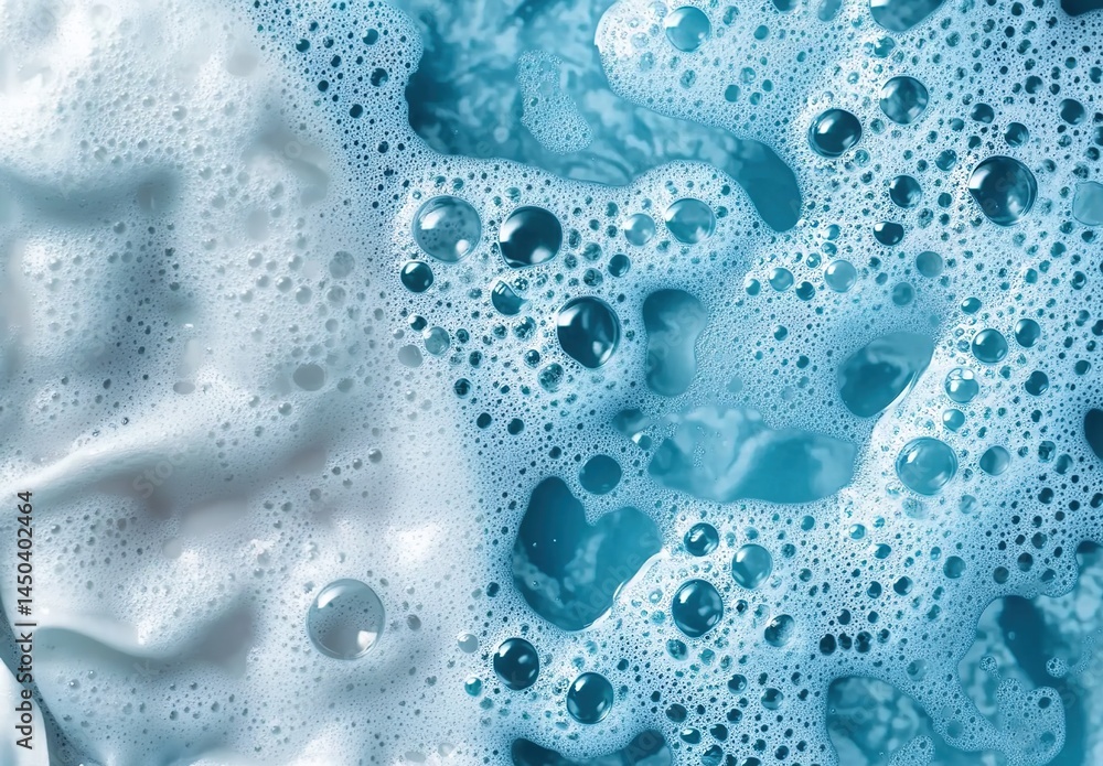 Close-up of blue foam and bubbles in liquid with shiny reflective surface. Close-up of blue foam and bubbles in liquid with shiny reflective surface.