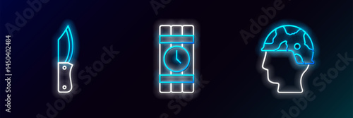 Set line Army soldier, Military knife and Dynamite and timer clock icon. Glowing neon. Vector
