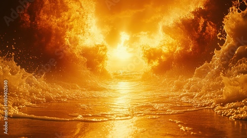 Fiery sunset over a golden beach. Waves crash on the shore, illuminated by a fiery orange sky