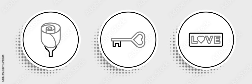 Set line Love text, Flower rose and Key in heart shape icon. Vector Set line Love text, Flower rose and Key in heart shape icon. Vector