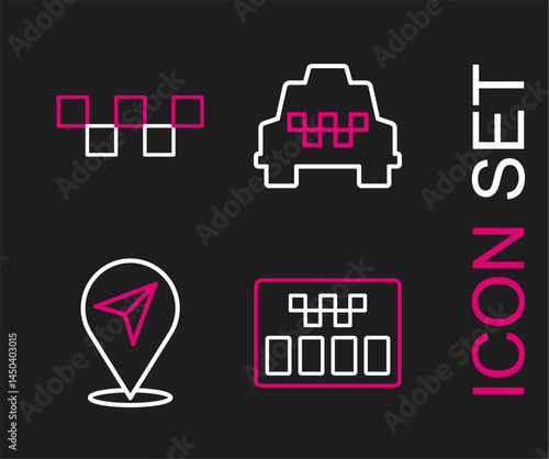 Set line Taximeter, Location, car and roof icon. Vector