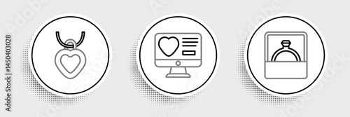 Set line Diamond engagement ring, Necklace with heart shaped and Dating app online icon. Vector