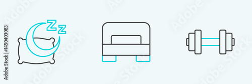 Set line Dumbbell, Time to sleep and Big bed icon. Vector