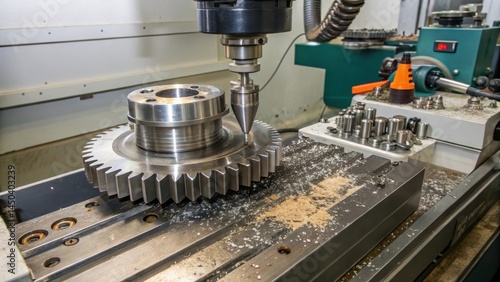 A CNC milling machine fabricates a large metal gear in an industrial workshop, surrounded by metal shavings and precision tools.