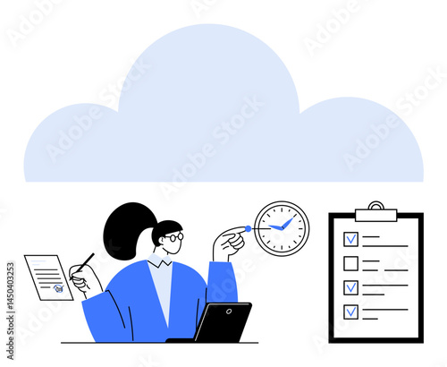 Person working on laptop, pointing at clock, holding paper. Shows checklist, cloud background. Ideal for productivity, organization, planning, cloud computing teamwork time management simple