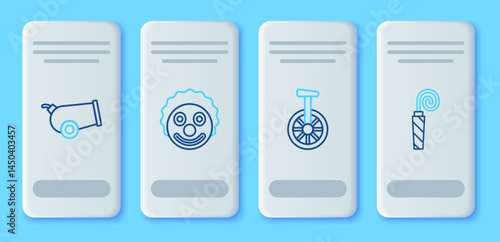 Set line Clown head, Unicycle or one wheel bicycle, Cannon and Birthday party horn icon. Vector