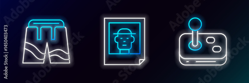 Set line Joystick, Short or pants and Photo icon. Glowing neon. Vector