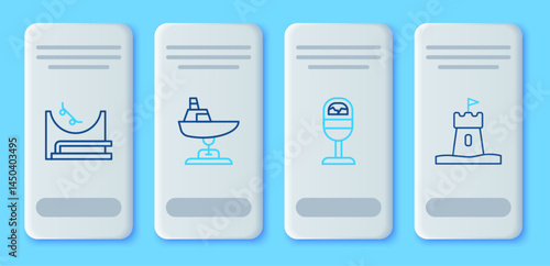Set line Swing boat, Trash can, Skate park and Sand tower icon. Vector