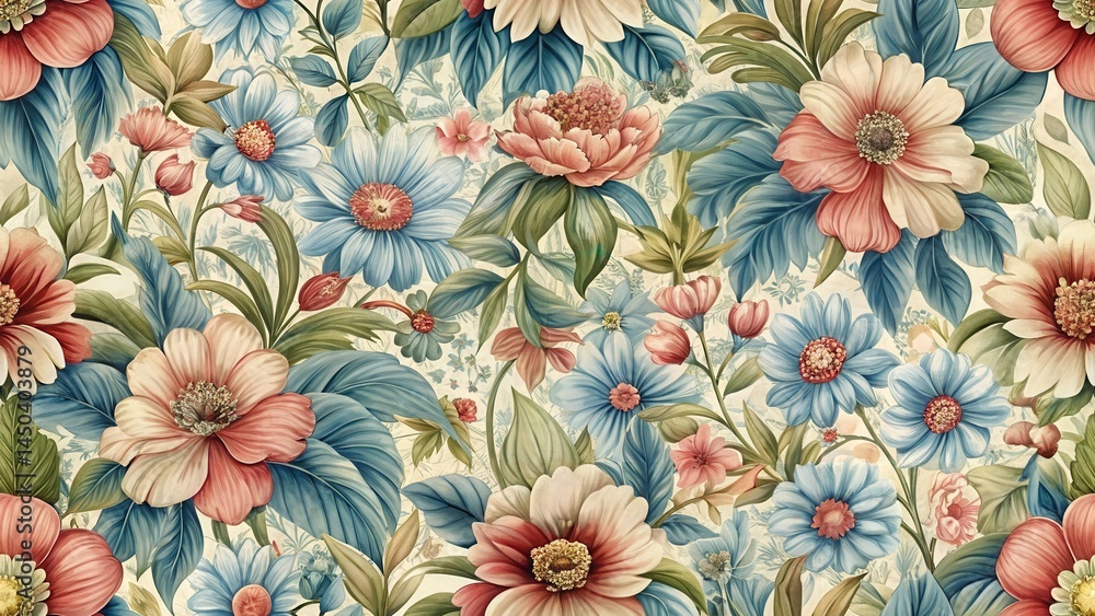 Fototapeta premium A vibrant, detailed floral pattern featuring various blooming flowers and lush leaves in soft pastel shades.