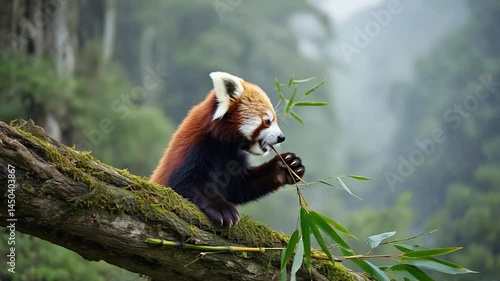 A cute red panda, a rare mammal also called firefox, enjoys bamboo in a zoo treea