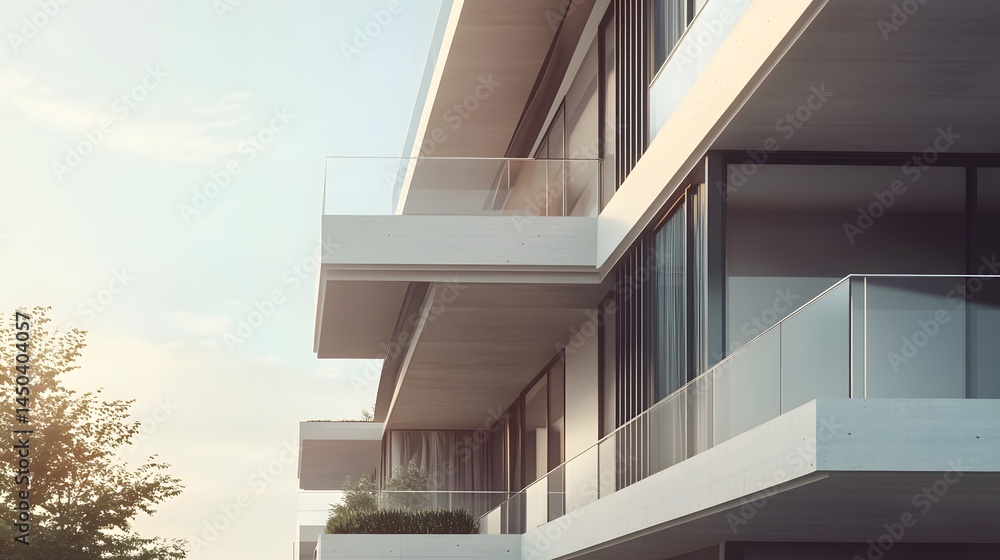 modern apartment exterior with balconies and natural lighting, architectural render, modern apartment exterior with balconies and natural lighting, architectural render,