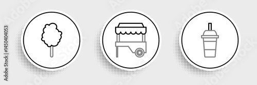 Set line Paper glass with drinking straw and water, Cotton candy and Fast street food cart awning icon. Vector