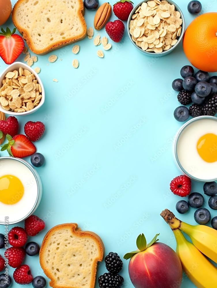 Organic food frame. Banner. Healthy breakfast ingredients. Oat and corn flakes, eggs, nuts, fruits, berries, toast, milk, yogurt, orange, banana, peach on blue background. Top view, copy space