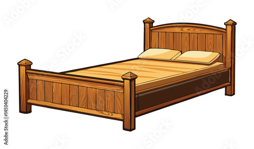 Wooden Bed for Home Comfort: A detailed illustration of a wooden bed, showcasing its structure and design. Featuring pillows resting on the bed, inviting comfort and relaxation.