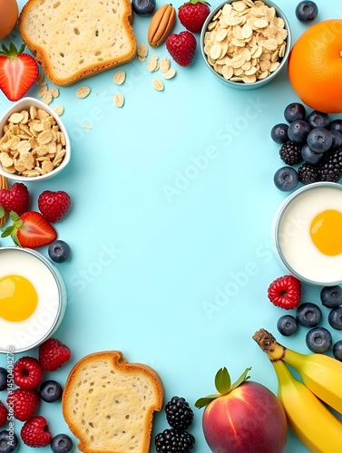 Obraz na płótnie Organic food frame. Banner. Healthy breakfast ingredients. Oat and corn flakes, eggs, nuts, fruits, berries, toast, milk, yogurt, orange, banana, peach on blue background. Top view, copy space w salonie