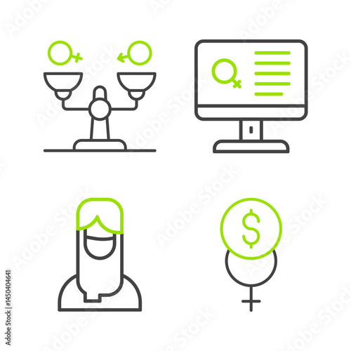 Set line Feminism finance, Muslim woman hijab, Dating app and Gender equality icon. Vector