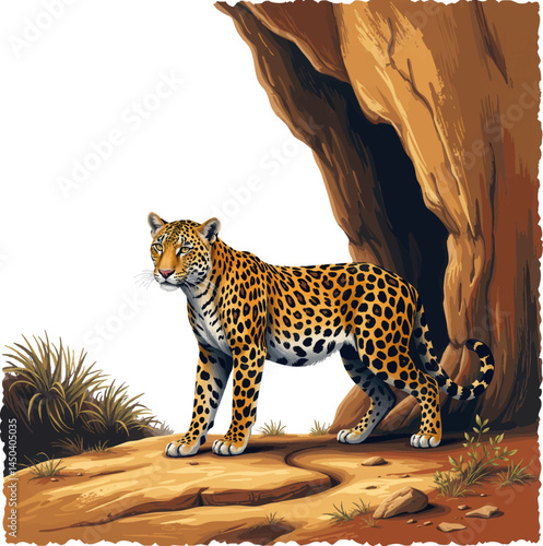 a leopard standing in front of a cave