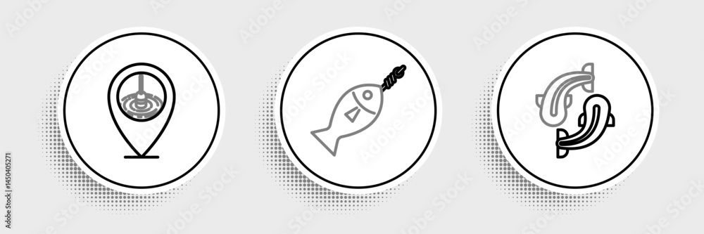 Set line Fish, Location fishing and hook icon. Vector Set line Fish, Location fishing and hook icon. Vector
