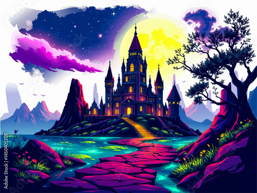 an image of a castle with a full moon in the background