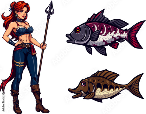 a woman is holding a spear and a fish