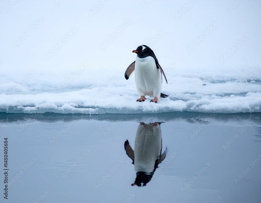 Fototapeta premium Gentoo penguin standing on ice, reflected in calm water. Serene Antarctic scene.