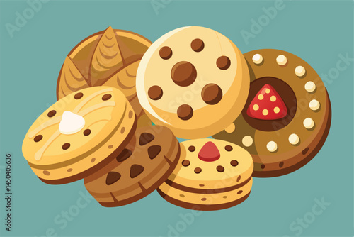 A delightful assortment of tasty cookies with various flavors and designs, set against a bright backdrop. Perfect for bakery, dessert, and sweet snack themes.