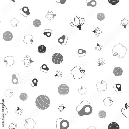 Set Lotus flower, Avocado fruit, Apple and Fitness ball on seamless pattern. Vector