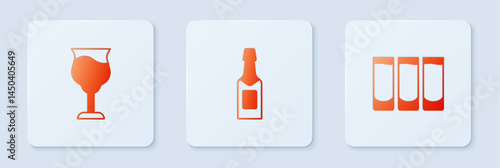 Set Champagne bottle, Wine glass and Shot. White square button. Vector