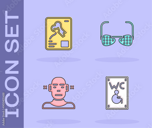 Set Separated toilet for disabled, X-ray shots, Deaf and Blind glasses icon. Vector