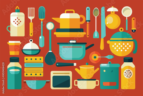 A vibrant flat illustration showcasing various kitchen utensils and cookware on a bright orange background. Perfect for themes related to cooking, food preparation, and kitchen organization.