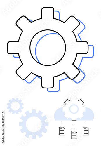 Large gear with cloud network and document icons symbolizing data sharing, process automation, and digital workflow. Ideal for technology, industry, cloud computing, system management, data exchange