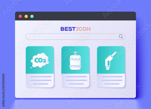 Set Propane gas tank, CO2 emissions in cloud and Gasoline pump nozzle icon. Vector