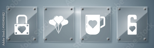 Set Please do not disturb with heart, Coffee cup and heart, Balloons in form of heart and Lock and heart. Square glass panels. Vector
