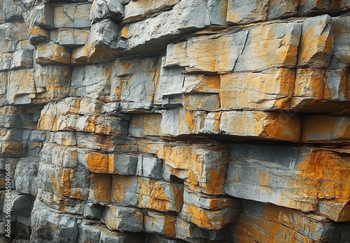 Close-up of layered gray and yellowish-brown rock formation with texture.