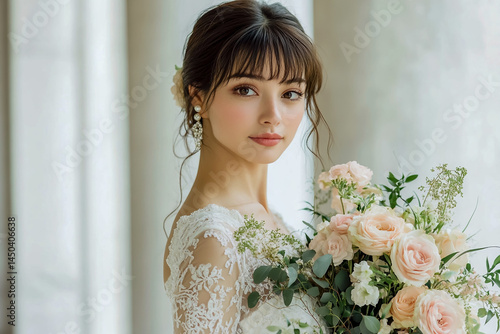 Beautiful bride in wedding dress holding flower bouquet bridal makeup and hairstyle inspiration ideas
