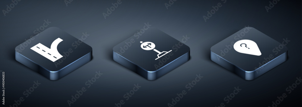 Set Isometric Road traffic sign, Unknown route point and Fork the road icon. Vector Set Isometric Road traffic sign, Unknown route point and Fork the road icon. Vector