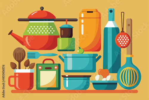 A vibrant illustration showcasing various kitchen items and utensils, including pots, pans, and cups, in diverse colors. Perfect for culinary themes and kitchenware advertisements.