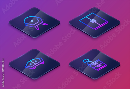 Set Isometric line Armchair, Sofa, Wardrobe and Furniture nightstand with lamp. Blue square button. Vector