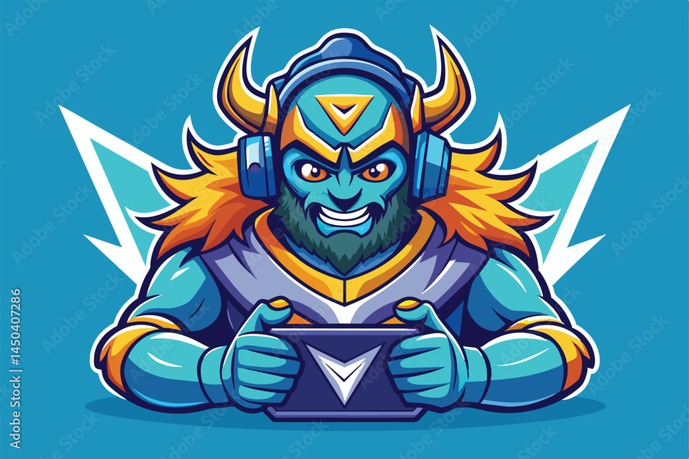 Colorful illustration of a Viking gamer character wearing headphones. The dynamic design includes vivid colors and an energetic expression, perfect for gaming and entertainment concepts. Colorful illustration of a Viking gamer character wearing headphones. The dynamic design includes vivid colors and an energetic expression, perfect for gaming and entertainment concepts.